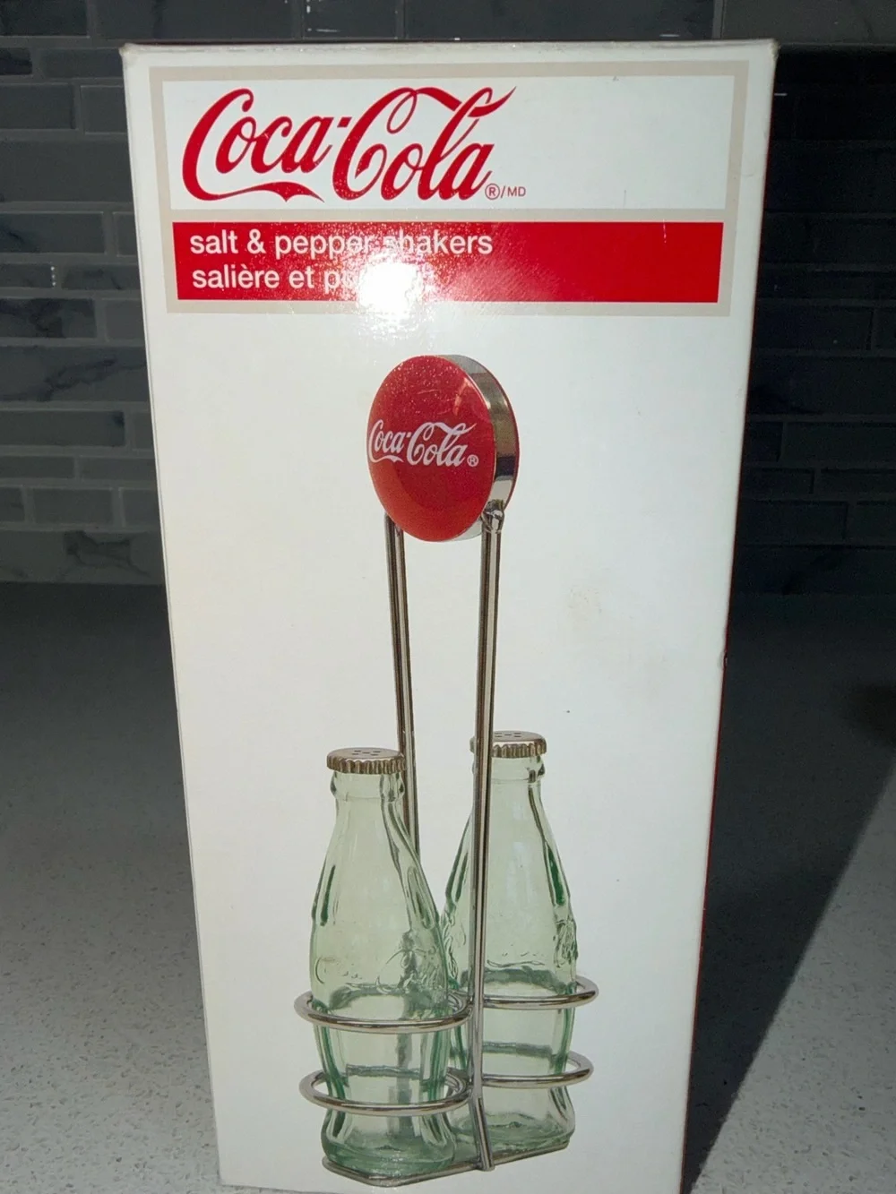 Coca Cola Green Glass Bottle Salt & Pepper Shakers with Chrome Rack